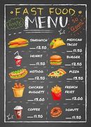 Fast food restaurant menu with sandwiches nuggets potato fries pizza donuts drinks on black chalkboard vector illustration