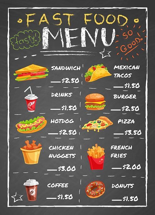Fast food restaurant menu with sandwiches nuggets potato fries pizza donuts drinks on black chalkboard vector illustration