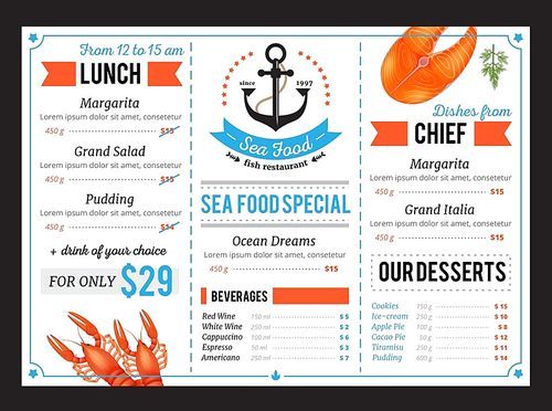 Classic sea food restaurant menu template with special chef dishes and daily budget lunch offer vector illustration