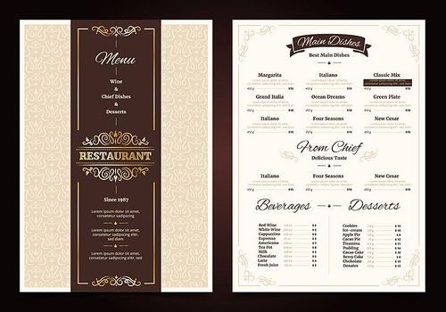 Restaurant menu vintage design with ornate frame and ribbon chef dishes beverages and desserts isolated vector illustration