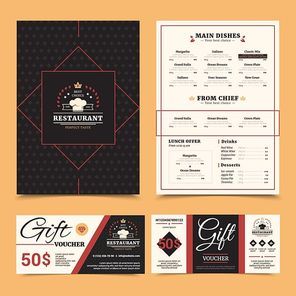 Expensive restaurant menu with chef dishes choice and gift voucher card stylish set pinboard background vector illustration