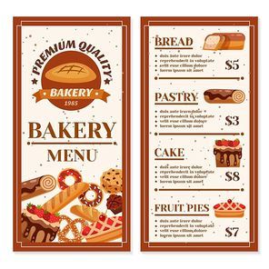Bakery menu design with year of foundation at cover and product price list isolated vector illustration
