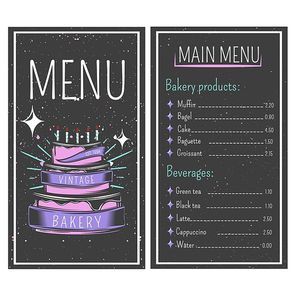 Bakery menu with flour products and beverages on black background with stains vintage style vector illustration