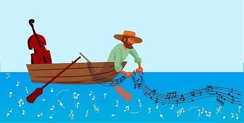 Creative conceptual vector. Man fishing in a boat.