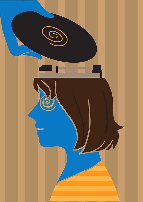 Creative conceptual vector. Woman with a vinyl player on her head.