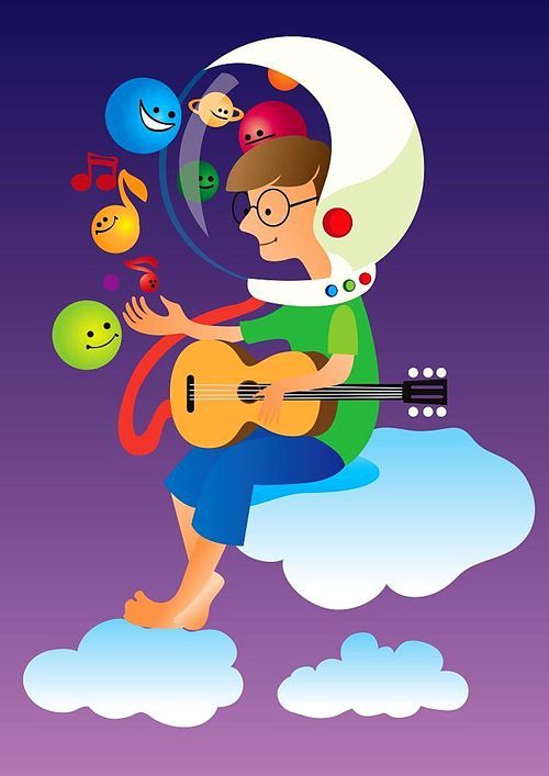 Creative conceptual vector. Boy playing guitar in spaceman suit.