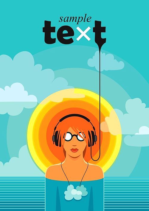 Conceptual summer music vector. Man listening to the music in headphones, standing in water against cloudy sky background with sample text.