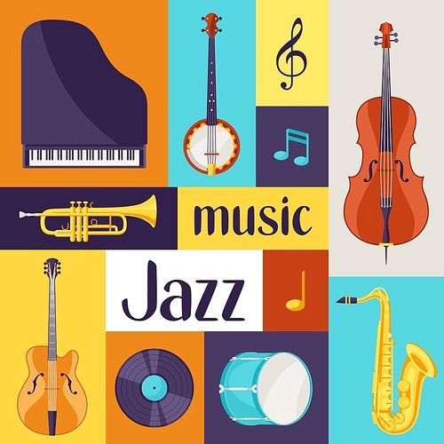 Jazz music retro poster with musical instruments.