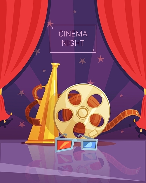 Cinema night cartoon background with videotape and red curtain vector illustration