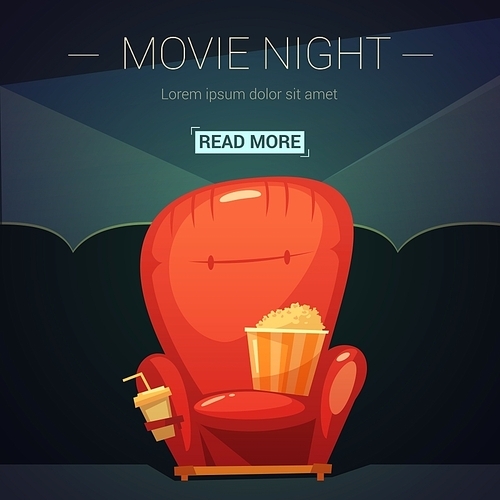 Movie night cartoon background with seat cola and popcorn vector illustration
