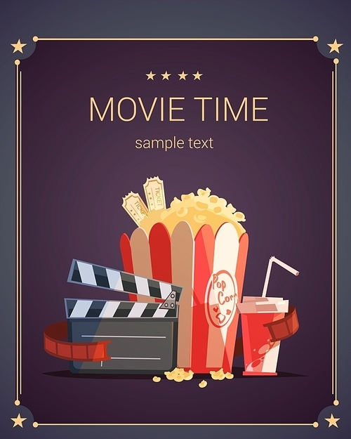 Movie time cartoon poster with popcorn cola and tickets vector illustration