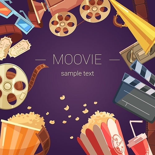 Movie cartoon background with camera tickets videocassette and popcorn vector illustration