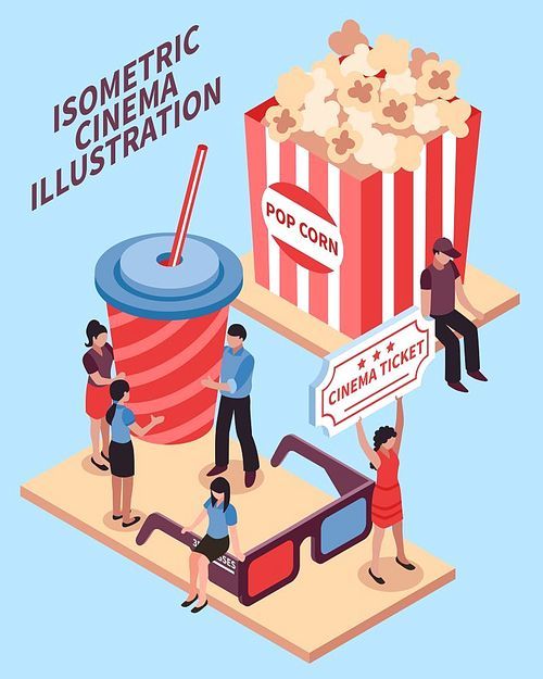 Cinema isometric design concept with popcorn cola 3d glasses signs and viewers figurines vector illustration