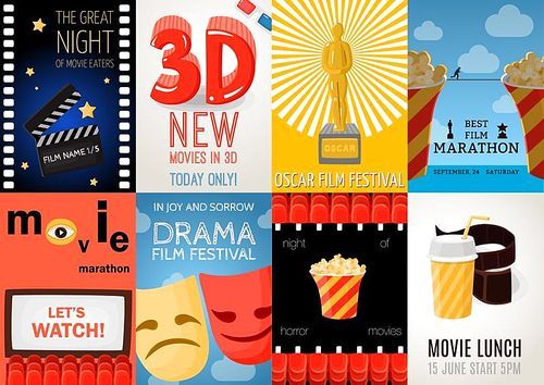 Set of eight cinema posters with film festival advertising and movie lunch symbols flat isolated vector illustration