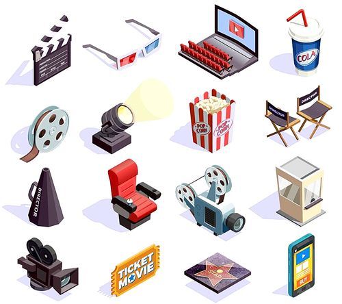 Cinema hall and movie making isometric icons set isolated on white  3d vector illustration