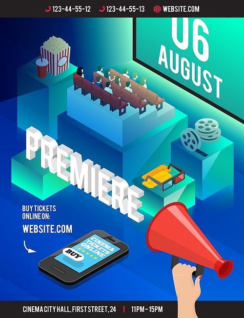 Cinema 3d isometric poster with cumbersome cubes theatre style seating popcorn film reel eyeglasses and smartphone vector illustration