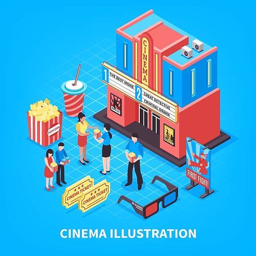 Cinematography isometric design concept with cinema building tickets 3d glasses and people near theatre vector illustration