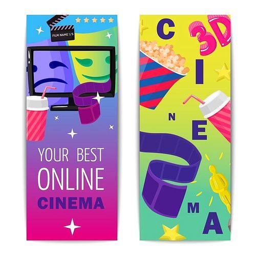 Cinema two isolated vertical banners with prize figurine popcorn 3d film online viewing images flat vector illustration