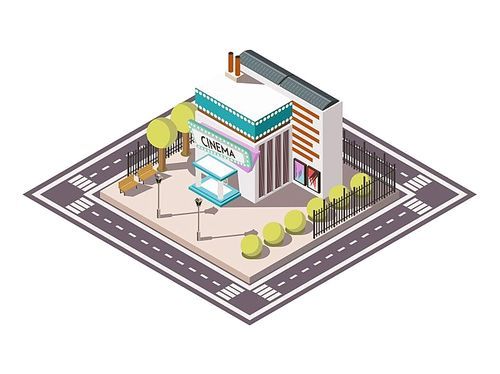 Cinema building isometric composition with road bench and trees vector illustration