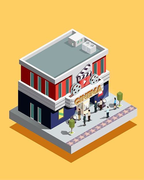 Isometric cinema building with people at entrance on yellow background 3d vector illustration