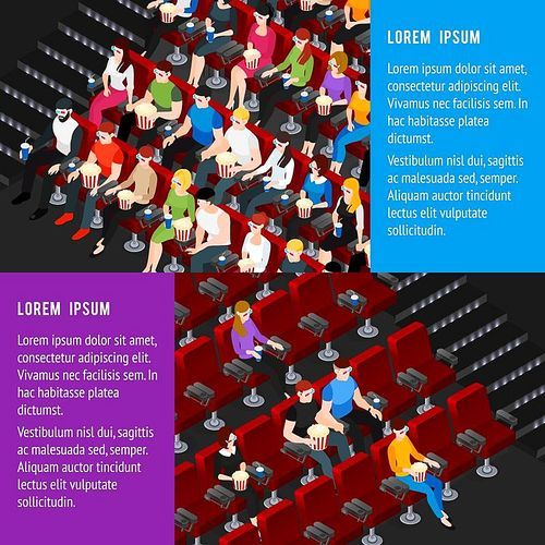 Cinema hall horizontal isometric banners set with men and women isolated vector illustration