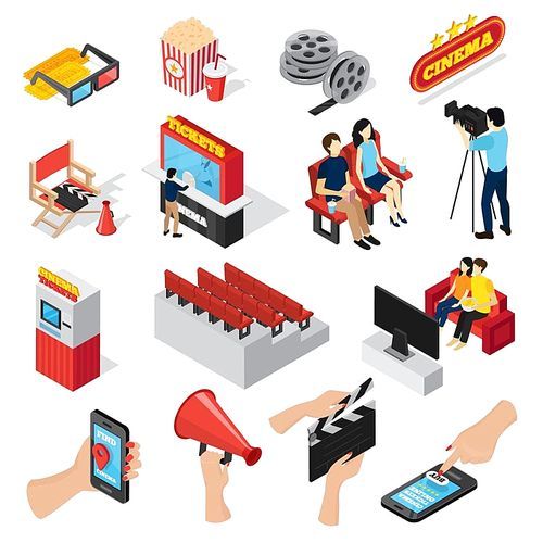 Cinema 3d isometric set of isolated ticket office seats people popcorn and smartphone ticketing app icons  vector illustration