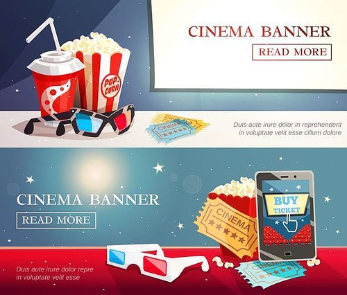Cinema entertainment flat horizontal banners with decorative elements of modern cinematography in retro style vector illustration