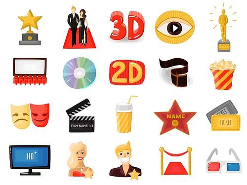 Set of colored cinema icons with actors on red carpet movie auditorium 3d glasses flat vector illustration