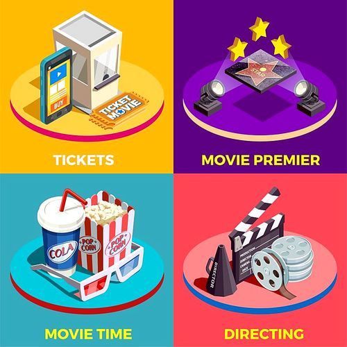 Cinema isometric design concept with compositions of movie industry elements light equpiment tickets food and drink vector illustration
