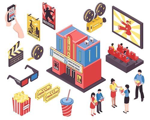 Cinema movie isometric set of isolated picture show icons junk food isometric icons and human characters vector illustration