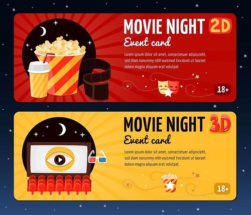 Movie horizontal banners presented cards for night cinema viewing event flat vector illustration