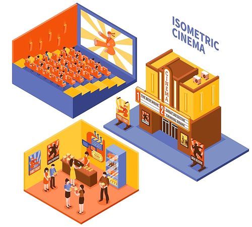 Collection of cinema isometric compositions with viewers in auditorium visitors in foyer and entrance in movie theatre vector illustration