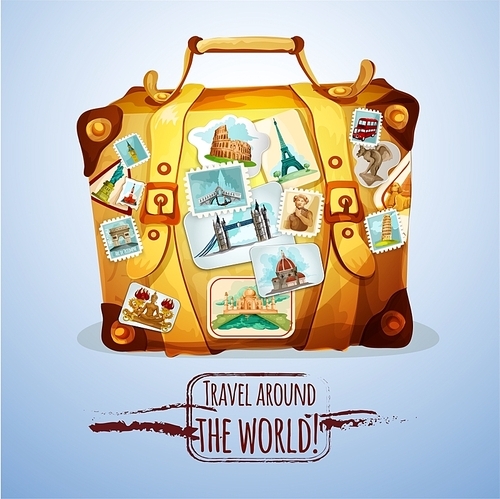 Touristic suitcase with world landmark stamps and stickers cartoon poster vector illustration