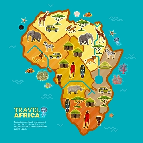 African continent poster divided with different types of tourism populating flora and fauna on the sea background vector illustration