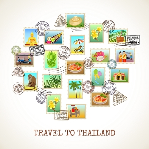 Thailand poster with images of postal stamps with sights flora and fauna of the country vector illustration