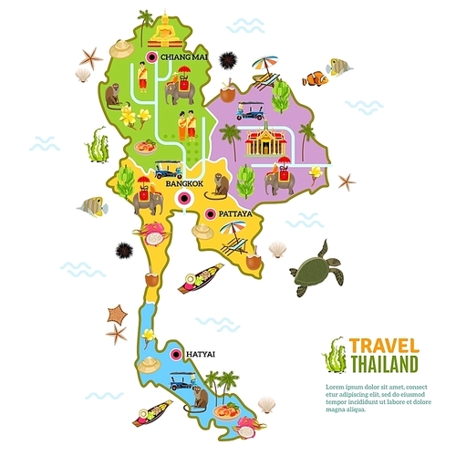 Thailand poster with map and picture of main attractions and heritage of the country on white background vector illustration