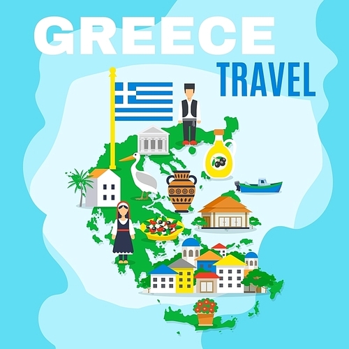 Greek poster with mainland map and main attractions sightseeing and peculiarities of the country vector illustration