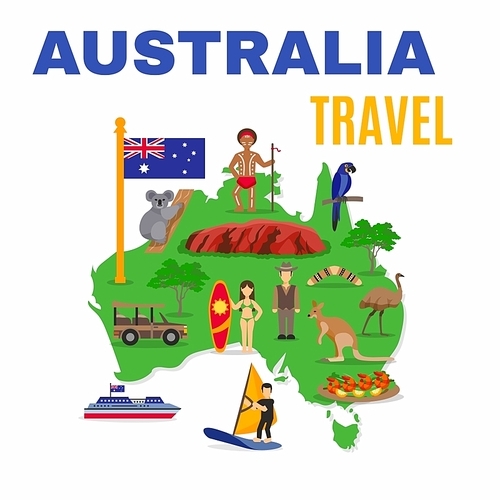 Australia travel map poster with animals food people transport at green continent on white background vector illustration