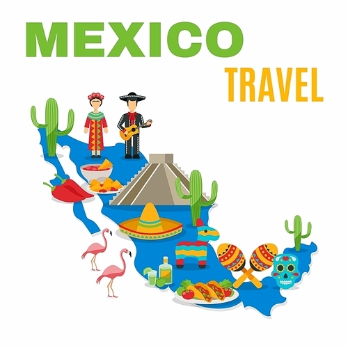 Mexico map with traditional food birds costumes and history object on the white background vector illustration