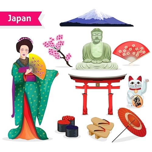 Japan touristic set with woman in kimono fuji lucky cat and symbols of religions isolated vector illustration