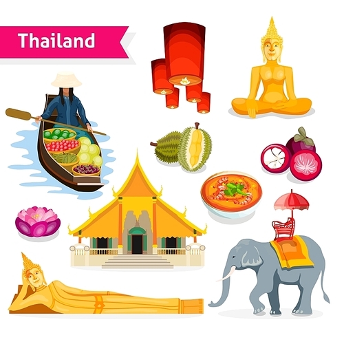 Thailand travel set with buddha statues temple tropical fruits and lanterns isolated vector illustration