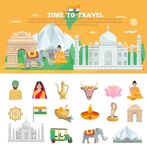India travel set with tourist objects and symbols of country isolated vector illustration