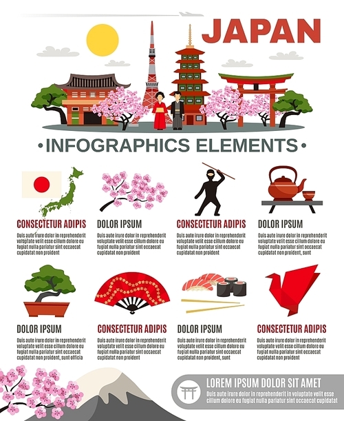 Information on traditional Japan culture food and historical landmarks flat poster with infographic elements abstract vector illustration