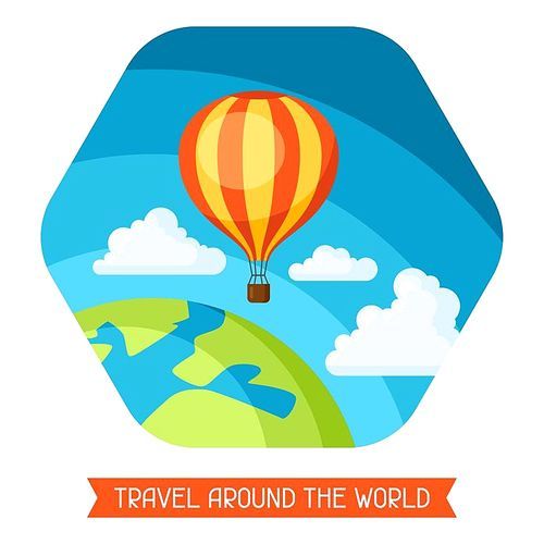 Travel illustration. Traveling background with hot air balloon and earth.