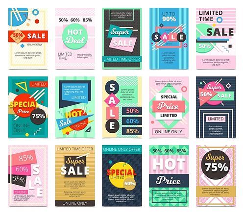 Hot sales 15 flat banners design set with discount rates limited offers and online only isolated vector illustration