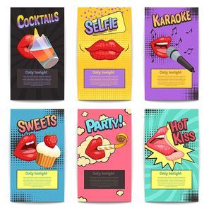 Six isolated comic lips party colorful mini posters set for entertainment promotional purposes with editable text vector illustration
