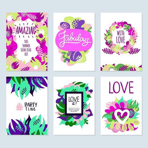 Colorful summer banners with lettering and floral pattern on white  flat isolated vector illustration