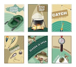Freshwater fishing 6 mini posters collection with fisherman equipment pictures tactics tips and free recipes isolated vector illustration