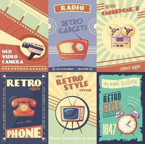 Retro gadgets cartoon posters with camera radio musical player phone tv alarm clock vector illustration