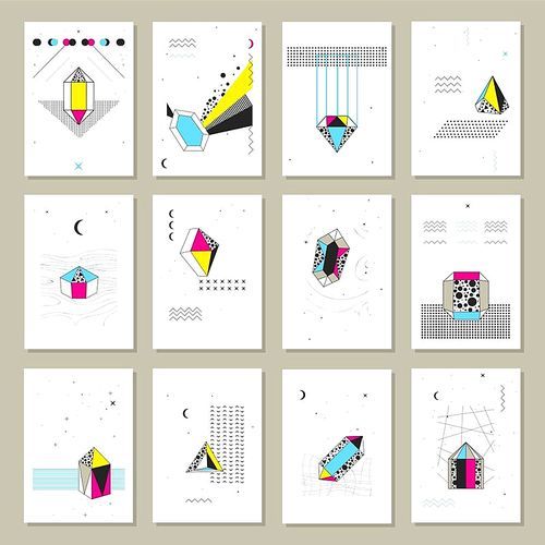 Polygonal crystals geometric shapes and structure schematic images symbols on white paper sheet banners set isolated vector illustration